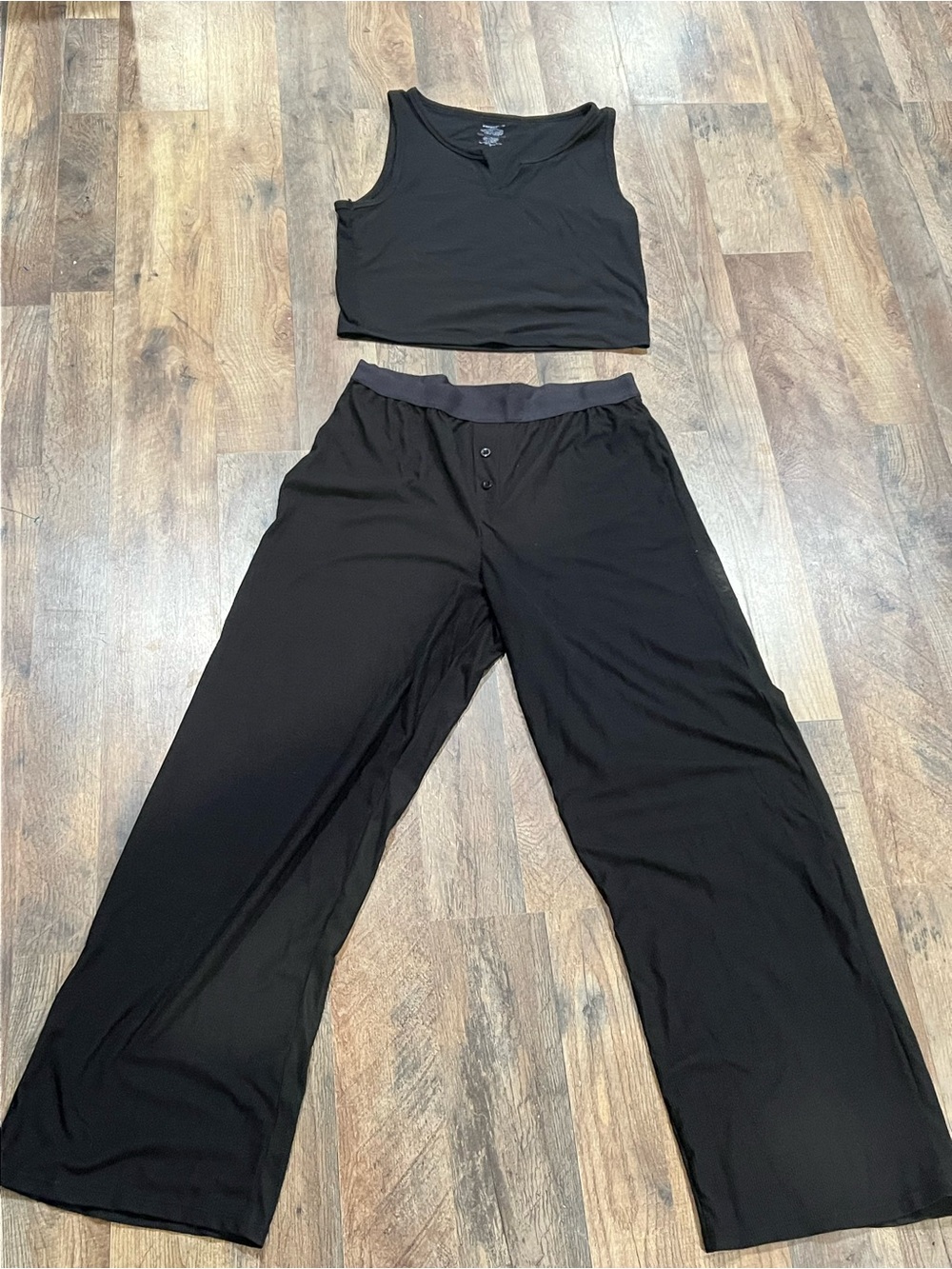 Essentials Black Two-Piece Pajama Set - Cropped Tank & Wide-Leg Pants
